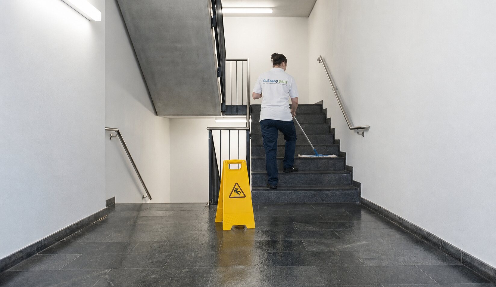 Professionelle Treppenhausreinigung mit Warnaufsteller und Wischsystem